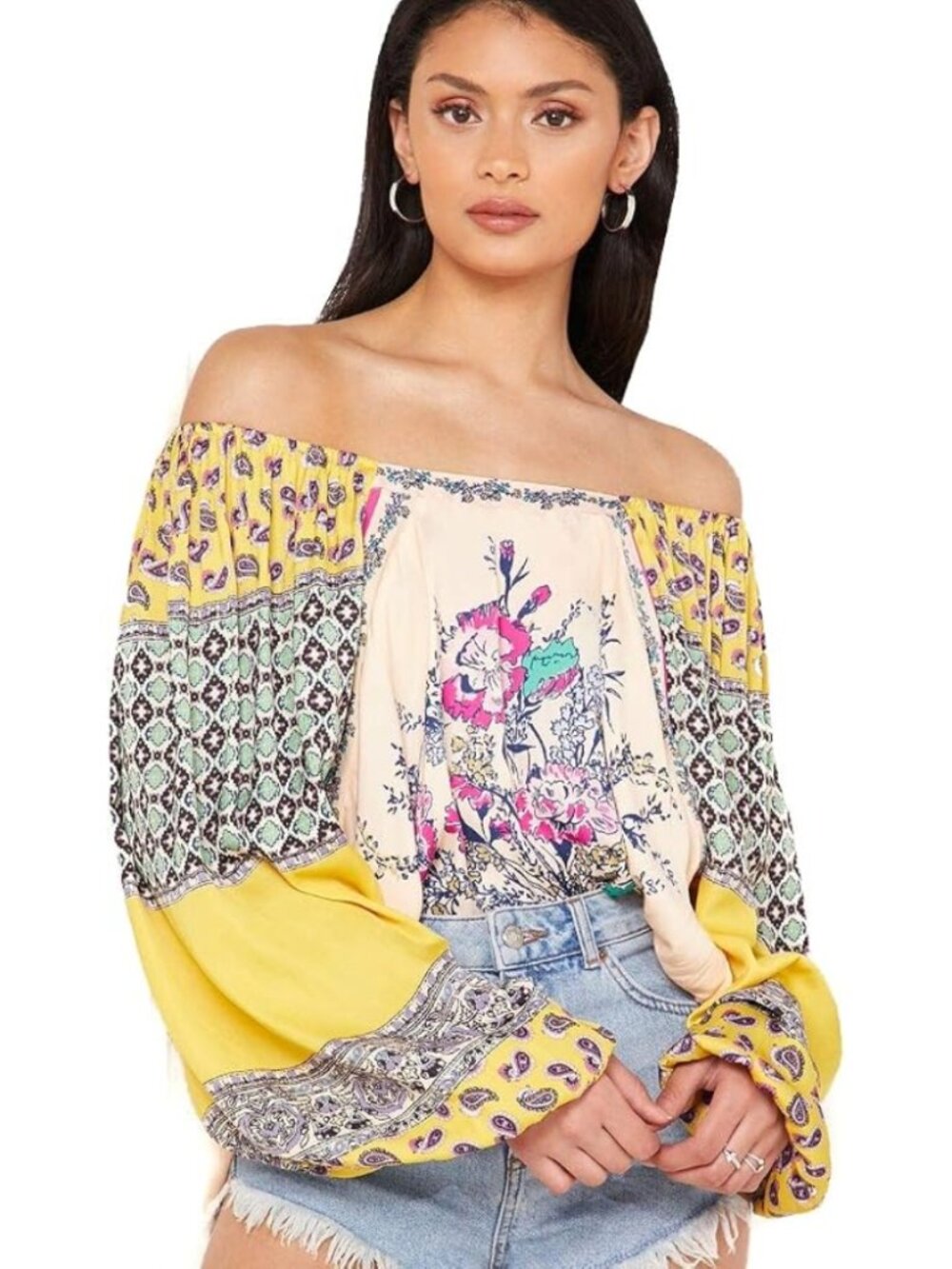Free People Positano Blouse Printed Off-The-Shoulder Pullover Top Orange Size XS